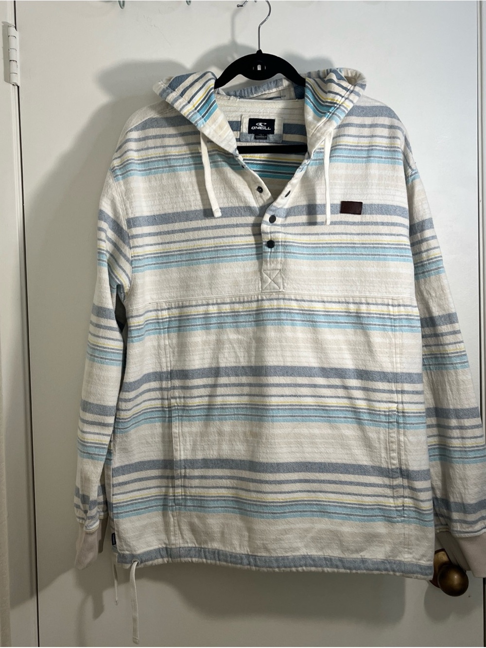 O'Neill Striped Pullover Hoodie in Cream and Light Blue Large Beach Skate Surf
